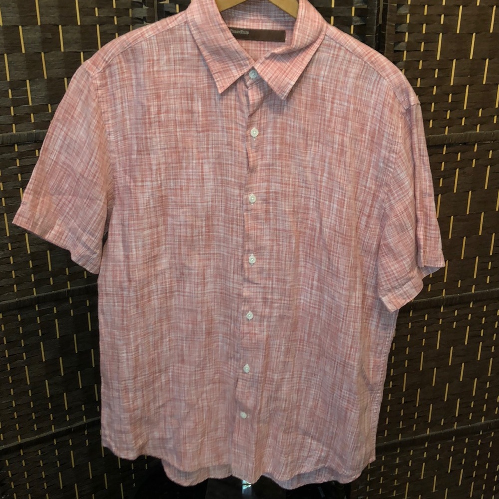 Perry Ellis, red and white linen, men’s short sleeve, button, down shirt, large